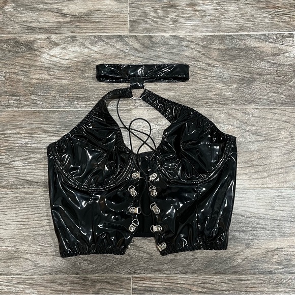 SHEIN Tops - Black Patent Halter Crop Top